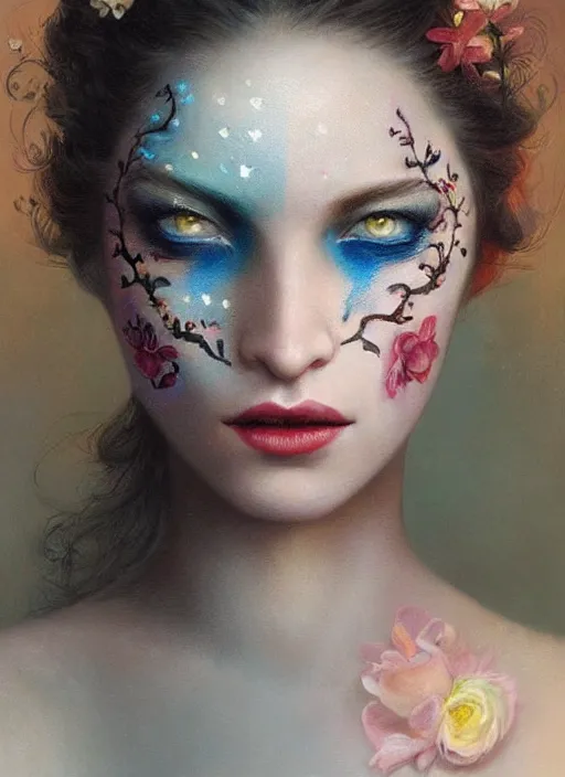 Image similar to a woman with her face painted. face painting of flowers. beautiful highly detailed face. painting by manuel sanjulian and tom bagshaw.