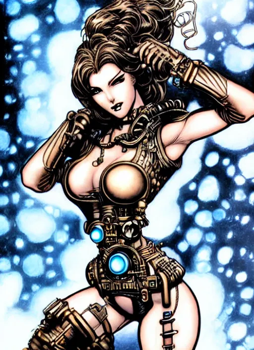 Image similar to image of beautyful female android steampunk by jim lee,