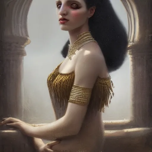 Prompt: like dust, magic gathers in overlooked places, photorealistic portrait of cleopatra in style of tom bagshaw and greg rutkowski. absolutely stunning!, sitting on the palace stairs, symmetrical perfect face, porcelain skin, ultra - detailed, digital art, 8 k