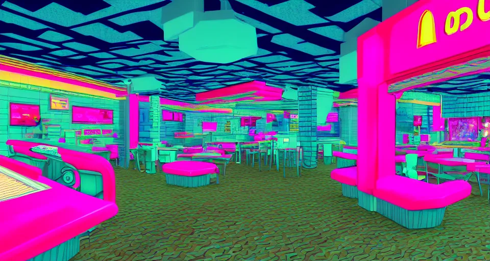 Prompt: 80s vaporwave outrun 3d Render of deep sea mcdonalds, liminal space retro, grainy, noisy