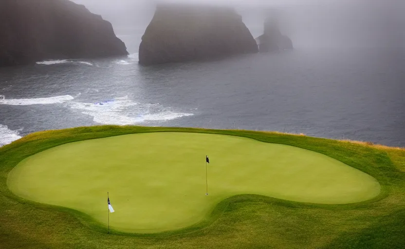 Image similar to a great photograph of the most amazing golf hole in the world, rainy day, cliffs by the sea, perfect green fairway, human perspective, ambient light, 5 0 mm, golf digest, top 1 0 0, fog