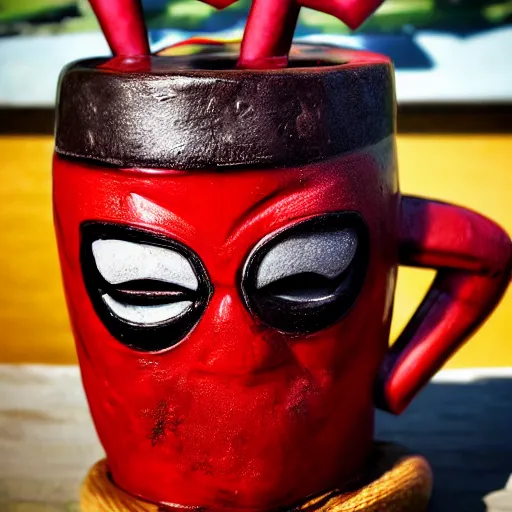 Image similar to a closeup photorealistic photograph of a deadpool style tiki mug sitting at a trader vic's beach bar featuring the face of deadpool. tiki party. bright scene. fine detail. this 4 k hd image is trending on artstation, featured on behance, well - rendered, extra crisp, features intricate detail, epic composition and the style of unreal engine.