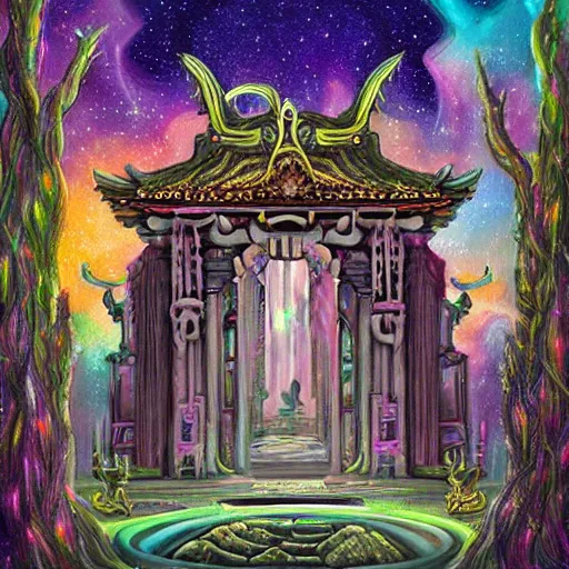 Prompt: a beautiful painting of a haunted unicorn temple, by hr giger, lisa frank, josan gonzalez, chibi, artstation