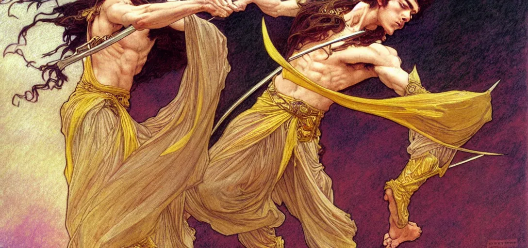 Image similar to a dual wielding golden swordsman leans back as he dances elegantly in the wind, his robes and long hair flowing in the breeze, his enemies lying on the ground below, fantasy, Mucha, MTG, Game of Thrones, salsa dancing, Rossetti, Millais, anatomically correct