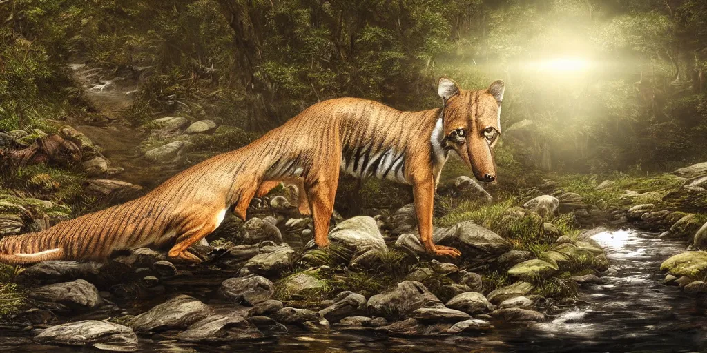 Image similar to Intricate detailed illustration, Tasmanian Tiger reflected in an alpine stream, cinematic lighting, by Philip Hood, wide angle, volumetric light scattering, 8k, artstation, concept art,