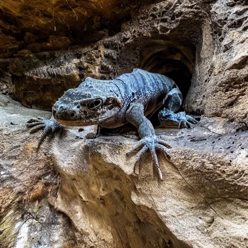 Prompt: photo inside a cavern of a scary wet lizard humanoid partially hidden behind a rock watching a tourist