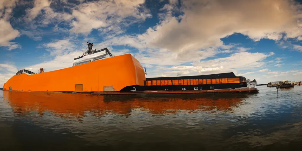 Prompt: futuristic barge ship, yellow - orange color, wide - angle lens, dramatic lighting, cool marketing photo