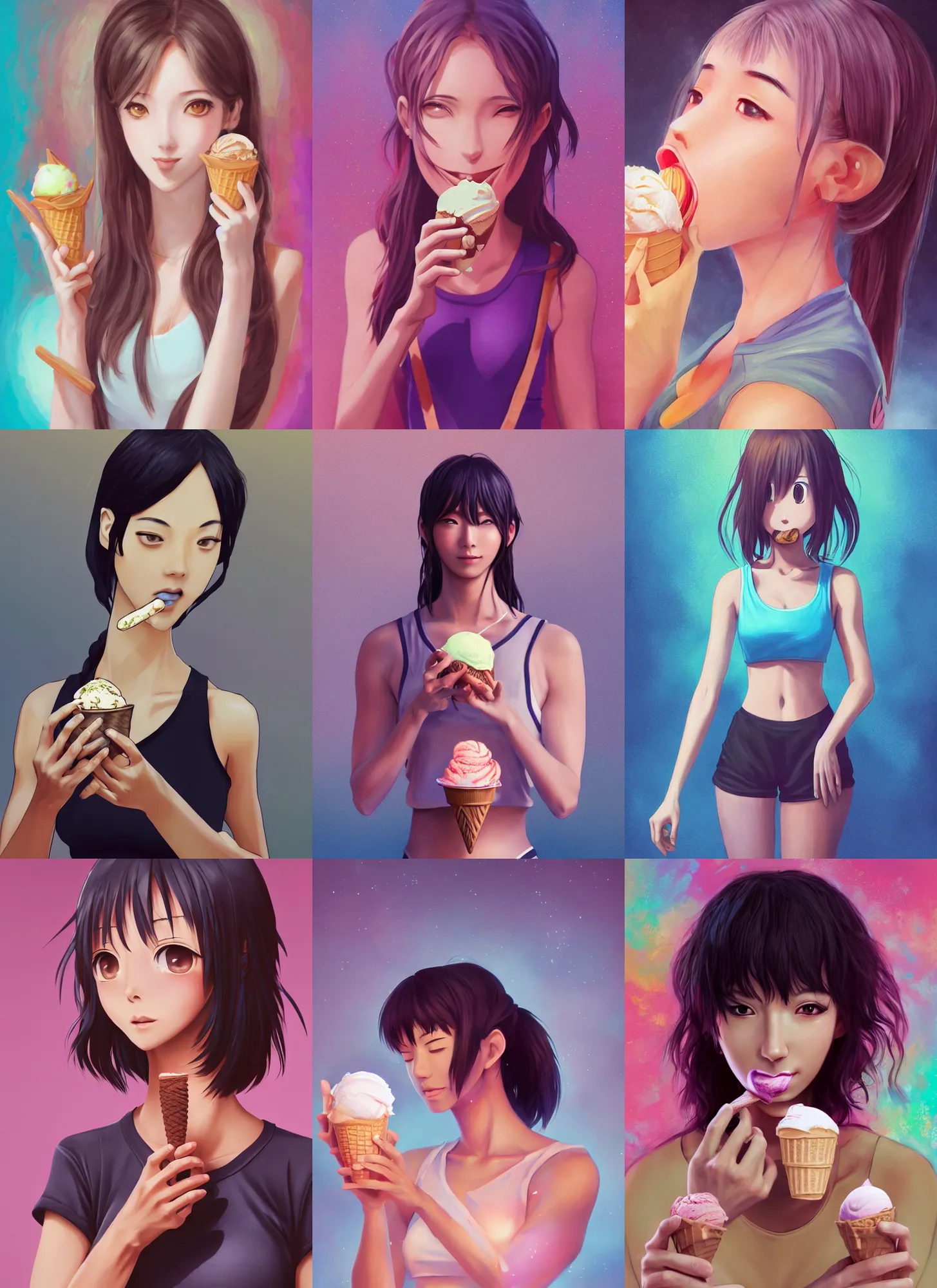 Prompt: very detailed full body portrait of yoga instructor eating ice cream, anime, fantasy, beautiful, pretty face, slender, dreamy aesthetic, 4 k, aura of light, cinematic lighting, highly detailed, sharp focus, artstation, masterpiece, art by hyungjin yang, art by atey ghaiyan