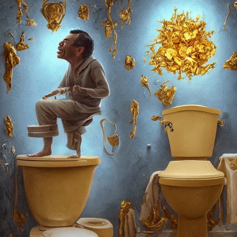 Prompt: A beautiful oil painting hyperrealism of Gilbert Gottfried on a toilet made of marble stone, gold throne , bones flowers, 8k resolution, octane render, Trending on artstation, by Gediminas Pranckevicius, volumetric light 2blue fractal Thunder glow by dan mumford, anaglyph effect, Laurie Lipton