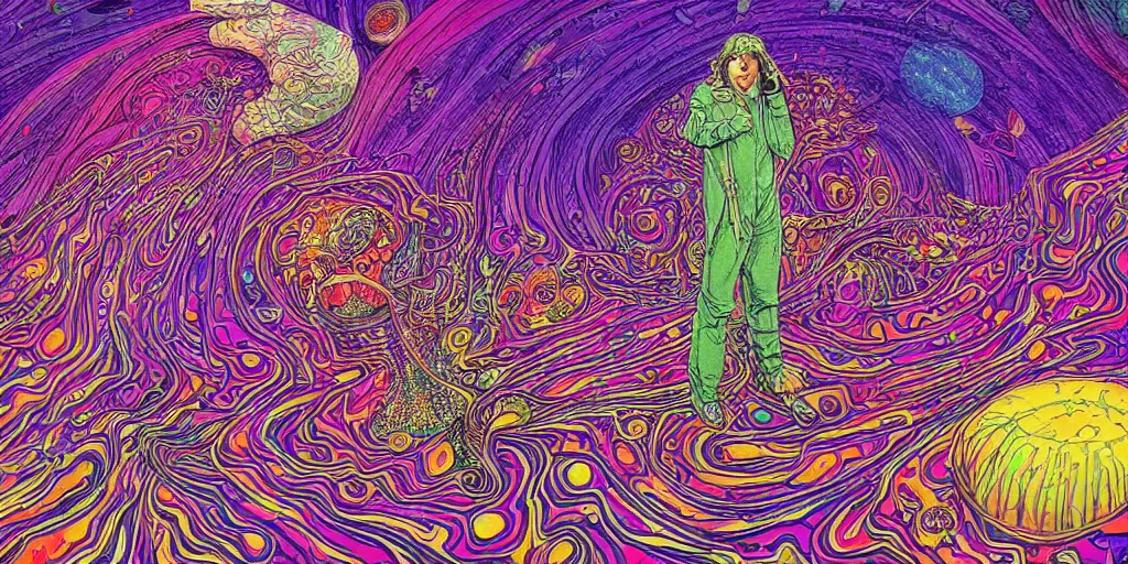 Image similar to a highly detailed illustration of psychedelic world, by moebius, by alex gray, full resolution, blue, pink, purple, yellow, red, green