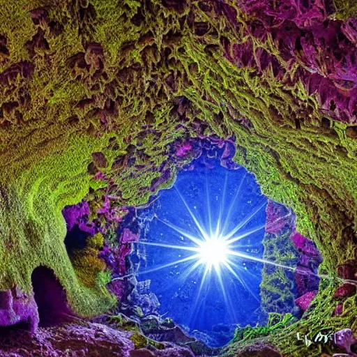 Prompt: a beautiful ultadetailed mossy cavern with sparkling clusters of crystals attached to the walls, gorgeous clear blue water, art by paul davis