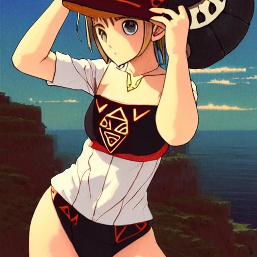 Image similar to beautiful boyish natalie portman alluring gravure model in majora's mask, wearing wooden mask and baseball cap and leotard, street wear with subtle mayan patterns, aztec bathing suit, gapmoe yandere grimdark, trending on pixiv fanbox, painted by greg rutkowski makoto shinkai takashi takeuchi studio ghibli, akihiko yoshida