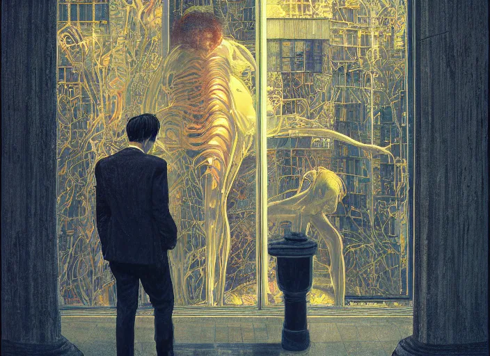 Prompt: portrait of man outside office building, cynical realism, saturated, dramatic lighting, painterly, yoshitaka amano, miles johnston, moebius, beautiful lighting, miles johnston, klimt, tendrils, in the style of, louise zhang, victor charreton, james jean, two figures