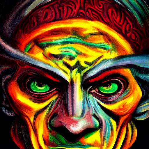 Prompt: intricate five inferno demon portrait by pablo picasso, oil on canvas, hdr, high detail, photo realistic, hyperrealism, matte finish, high contrast, 3 d depth, centered, masterpiece, vivid and vibrant colors, enhanced light effect, enhanced eye detail, artstationhd