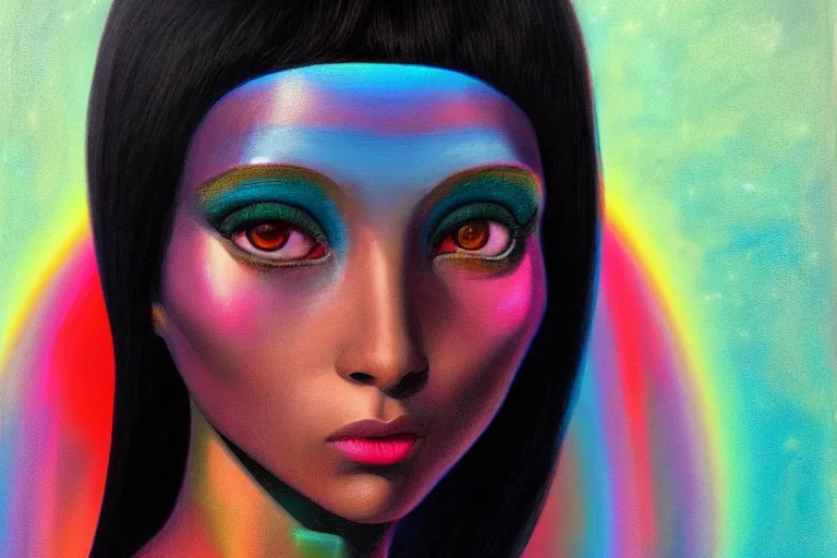 Image similar to patron saint of 🛸🌈👩🏾, futuristic clothing, neon god of city character portrait, in the style of margaret keane, moebius, tom bagshaw, and waterhouse, cinematic lighting, beautiful, elegant, oil painting,