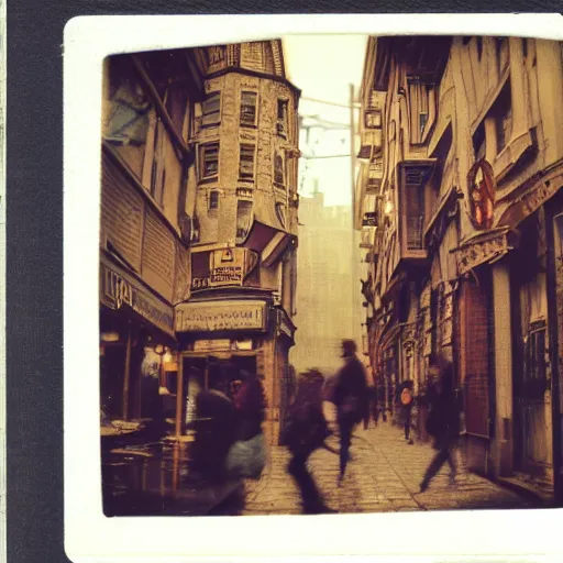 Prompt: a street level Polaroid of a steampunk city street, with people walking on the streets, at night