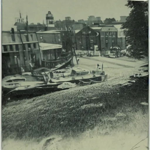 Prompt: vintage photo landscape of portland maine, worn out and aged photo, intricate, Close-up shot, low angle shot, trending on artstation