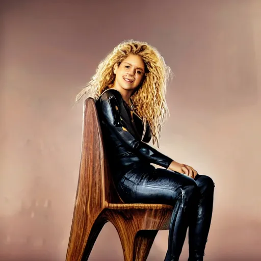 Image similar to shakira sitting on futuristic cyberpunk wooden chair high end photoshoot