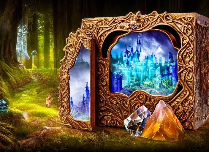 Image similar to photo of a crystal box with a magical kingdom inside, in the forest. Fantasy magic style. Highly detailed 8k. Intricate. Nikon d850 55mm. Award winning photography.