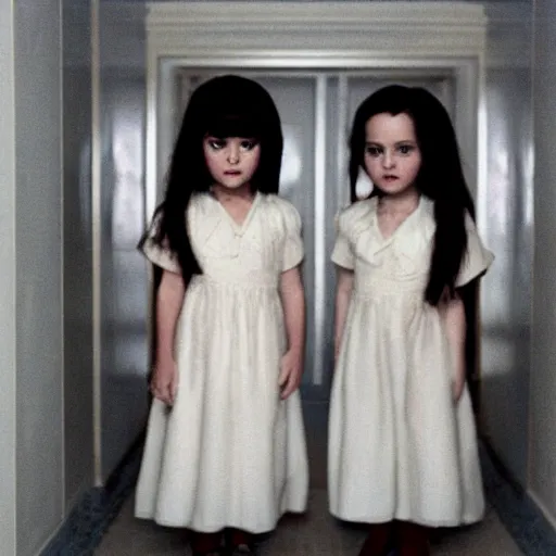 Image similar to two little girls staring at you from the hotel hallway, from the movie the shining