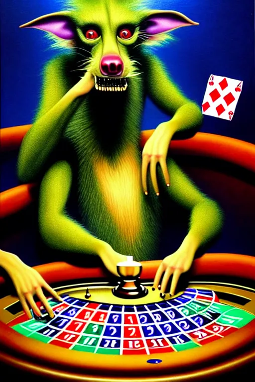 Image similar to a hyperrealistic painting of a chimeric creature playing roulette at the casino, cinematic horror by chris cunningham, lisa frank, richard corben, highly detailed, vivid color,