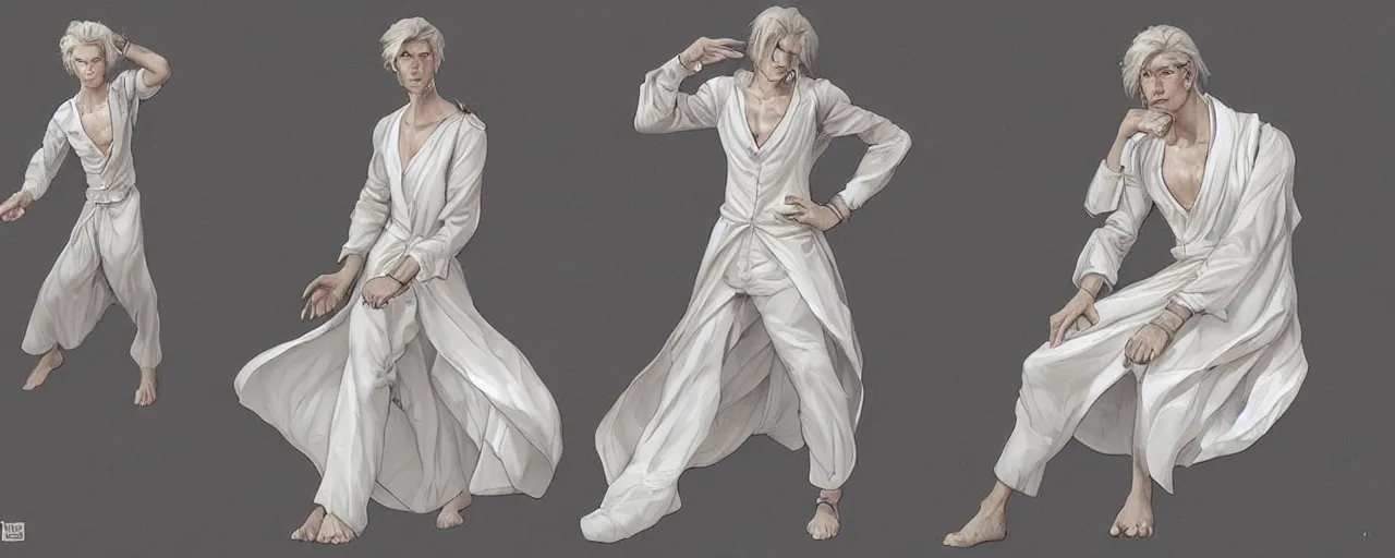 Prompt: character design, reference sheet, ancient white dress, relaxing, cute, super tale, slim, young male, happy, beautiful, elegant, no shoes, open v chest clothes, long silver hair, concept art, photorealistic, hyperdetailed, 3d rendering! , art by Leyendecker! and constable,