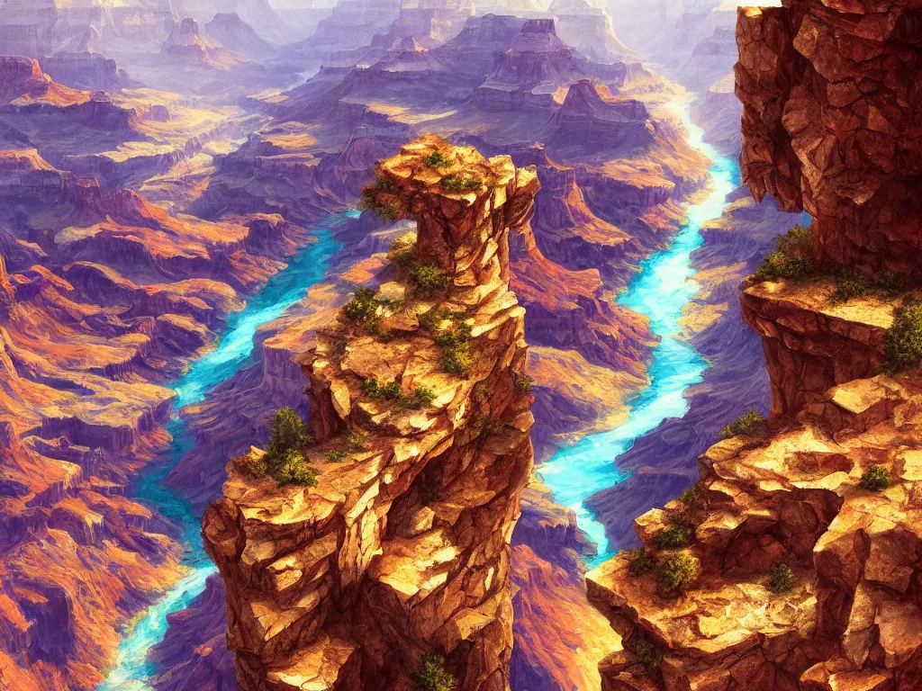 Image similar to grand canyon filled with sparkling water, magical, digital painting, trending on artstation, deviantart, 8k, epic composition, intrinsic details, perfect coherence
