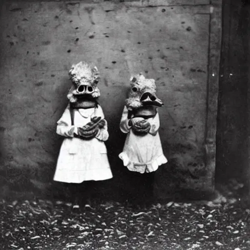 Image similar to portrait of children wearing chicken masks, photograph, style of atget, 1 9 1 0, creepy, dark