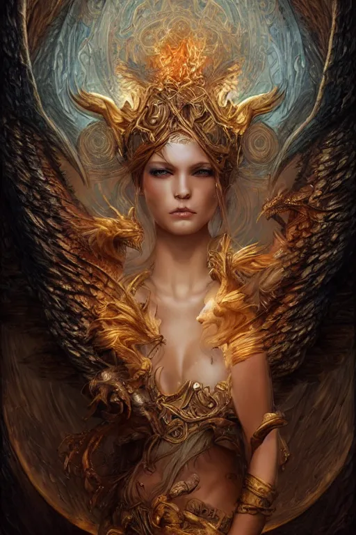 Prompt: front portrait of beautiful girl sorcerer looking up with fire and golden dragon skin, celtic rune tattoos, casting magic spell, angel, fantasy, magic the gathering, hyper detailed, 3 d render, hyper realistic detailed portrait, peter mohrbacher, wlop, ruan jia, luis royo