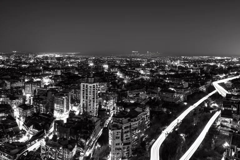 Prompt: long exposure night landscape with city on horisont, 5 seconds shutter