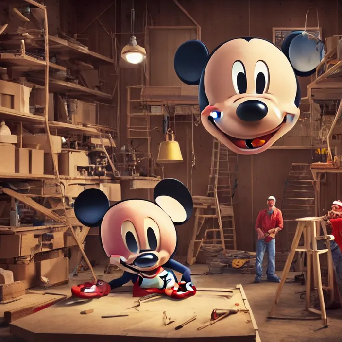 Image similar to crew of workers building giant mickey mouse head in quaint workshop, octane render, 4 k ultra hd, hyper - detailed, realistic, seedy lighting, sharp focus, in style of beeple