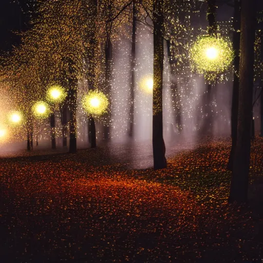 Image similar to forrest illuminated by glowing spheres, mist on ground, dramatic, night, 5 5 mm