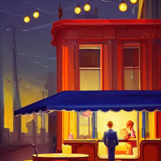Prompt: a storybook illustration of a lone foodtruck glowing from inside, quiet night scene like Edward Hopper masterpiece, intricate, elegant, fantasy, highly detailed, digital painting, concept art, sharp focus, artstation