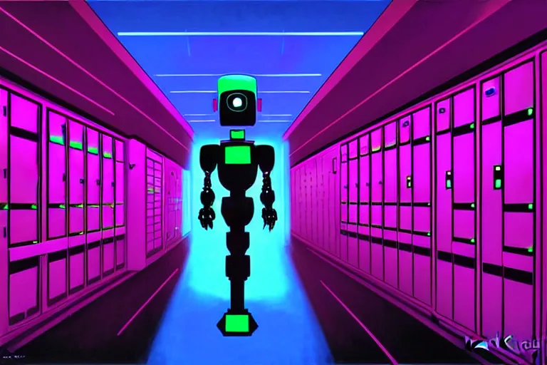 Image similar to realistic robot in a data server room, neon and dark, purple and blue color scheme, by dan mumford and malevich