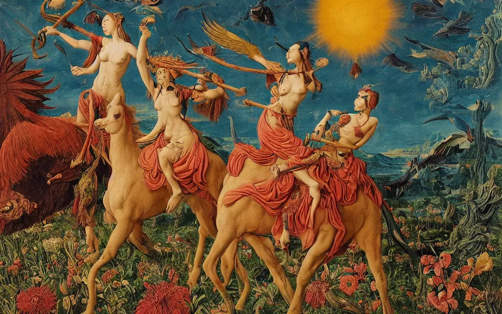 Prompt: a portrait photograph of a meditating harpy and a centaur king riding eagles and hunting at a river delta. surrounded by bulbous flowers and trees. mountain range under a blue sky of fiery stars. by jan van eyck, max ernst, ernst haeckel, ernst fuchs and artgerm, cgsociety, fashion editorial, 8 k