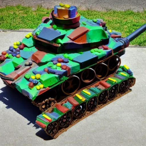 Image similar to war tank made of candy, sunny day