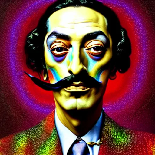 Prompt: An extremely psychedelic portrait of Salvador Dali, surreal, LSD, face, detailed, intricate, elegant, lithe, highly detailed, digital painting, magical, Occult, artstation, concept art, smooth, sharp focus, illustration