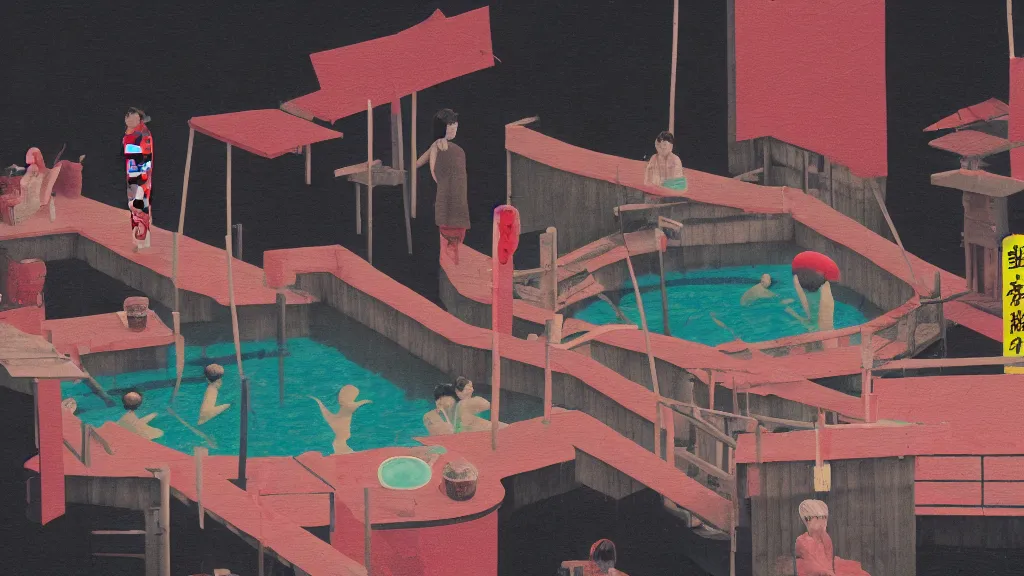 Prompt: japan onsen, a collage painting, in the style of wes anderson, lola dupre, david hockney, isolated on negative space background dark monochrome neon spraypaint accents volumetric octane render