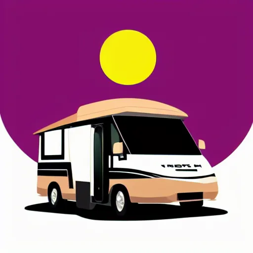 Image similar to very very very stylized minimal vector graphic of a thor chateau motorhome, hills and sunset, white background, all enclosed in a circle, professional minimal graphic design cartoon