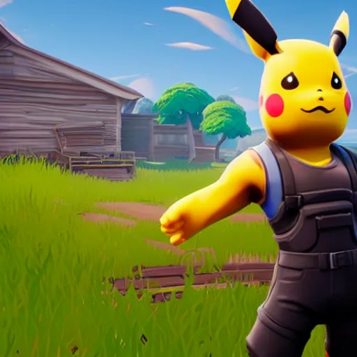 Image similar to screen shot from fortnite pikachu in fornite holding shotgun ray tracing 3 d cgsociety dramatic lighting