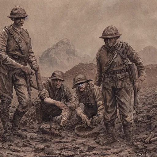 Image similar to ultra detailed photorealistic sepia - toned painting from 1 9 1 7, three british soldiers standing at an archaeological dig site in wadi rum, ultra realistic, painted, intricate details, lovecraft, atmospheric, dark, horror, brooding, highly detailed, by dave dorman