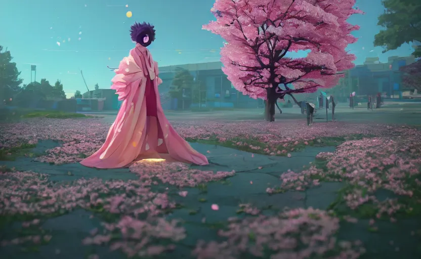 Image similar to queen of cherry blossoms, Low level, rendered by Beeple, Makoto Shinkai, syd meade, simon stålenhag, synthwave style, digital art, unreal engine, WLOP, trending on artstation, 4K UHD image, octane render,