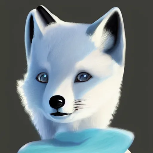 Prompt: digital painting of a female anthro arctic fox furry with blue eyes in a beautiful black dress, wlop, trending on artstation, furry fox ears, anthro paws and arms, gold necklace, femme, wlop, gradient shading, simple shading