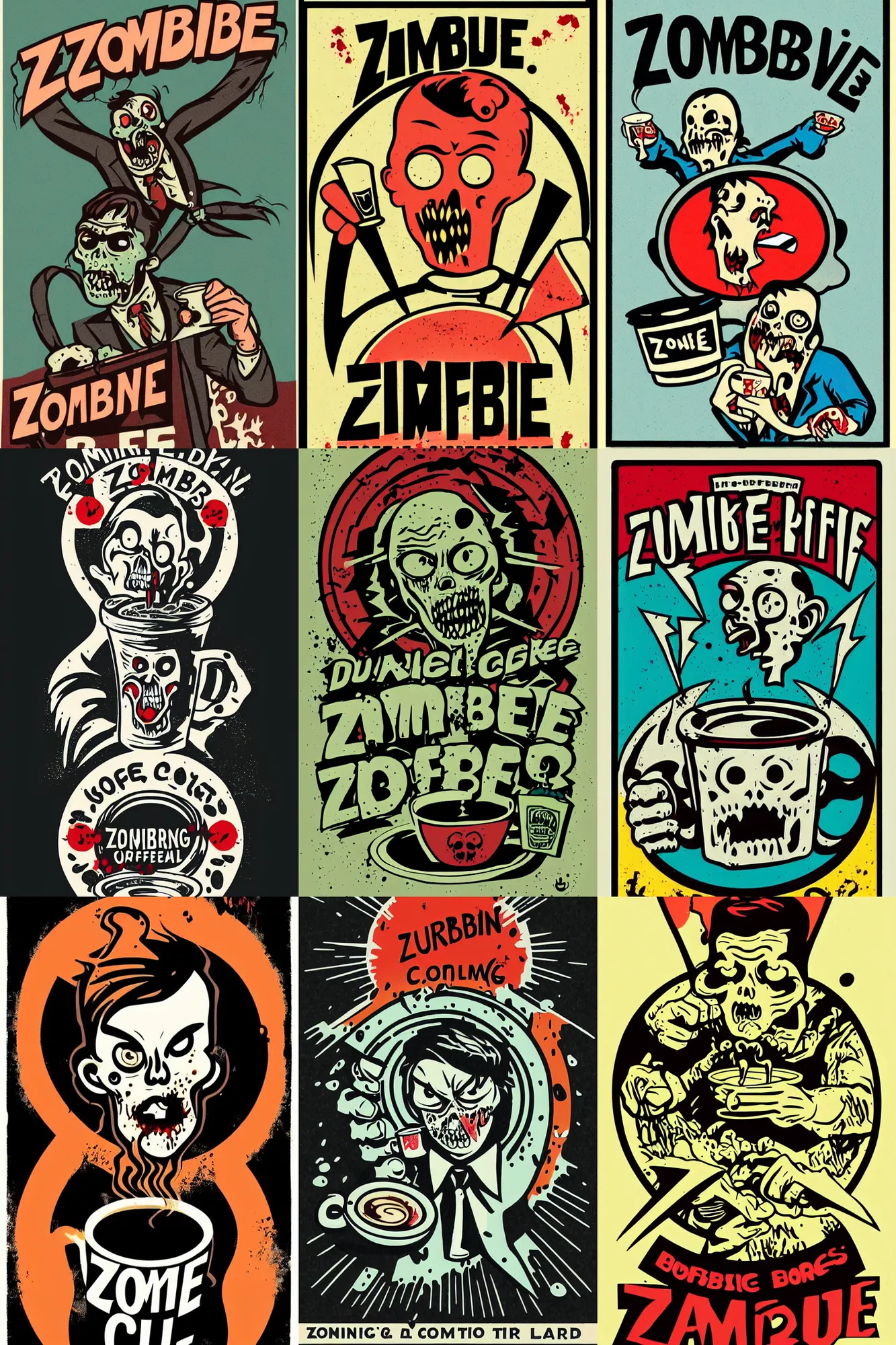 Prompt: zombie drinking coffee logo, take away coffee, by mcbess, full colour print, vintage colours, lightning bolts, 1950s