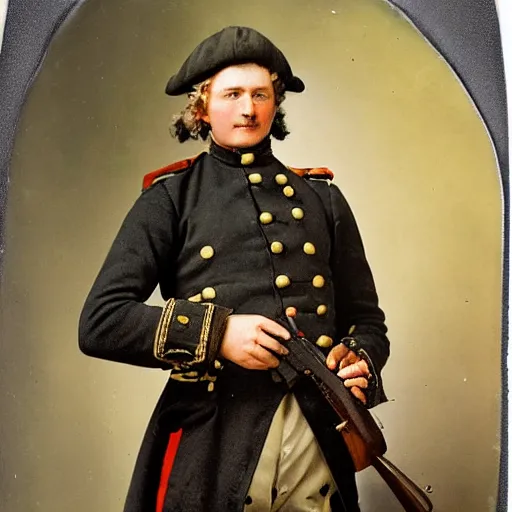 Prompt: 18th century Prussian soldier holding a MP40 submachinegun, award winning portrait photo