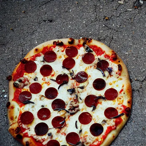 Prompt: Eww, why is this pizza on the concrete ground so rotten and moldy!