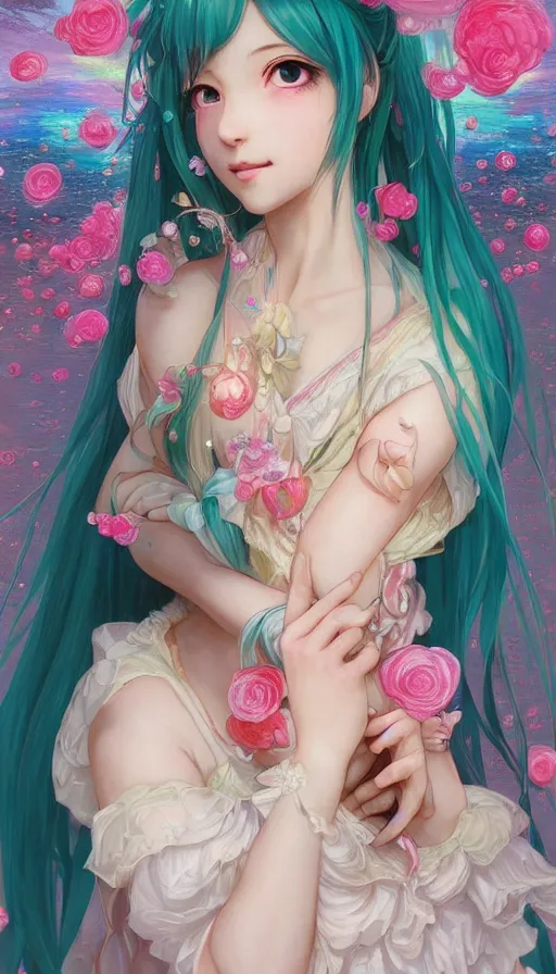 Prompt: portrait of hatsune miku, dreamy and ethereal, expressive pose, big pink eyes, peaceful expression, ornate frilly dress, fantasy, intricate, elegant, many rainbow bubbles, rose tones, highly detailed, digital painting, artstation, concept art, smooth, sharp focus, illustration, art by artgerm and greg rutkowski and alphonse mucha