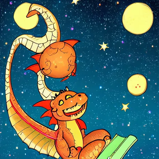 Image similar to cute dragon reading book under the stars, digital art