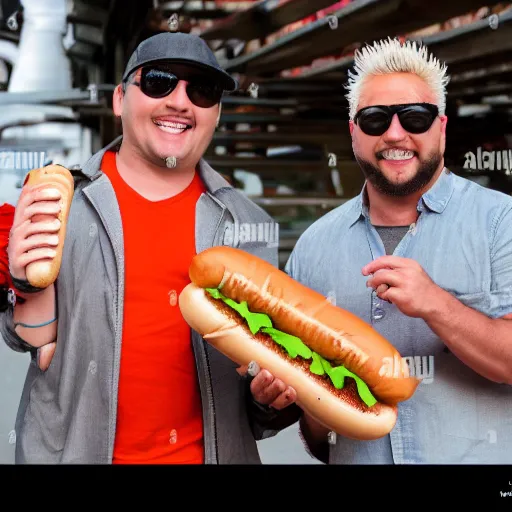 Image similar to stock image guy holding hot dog over a bridge with guy fieri