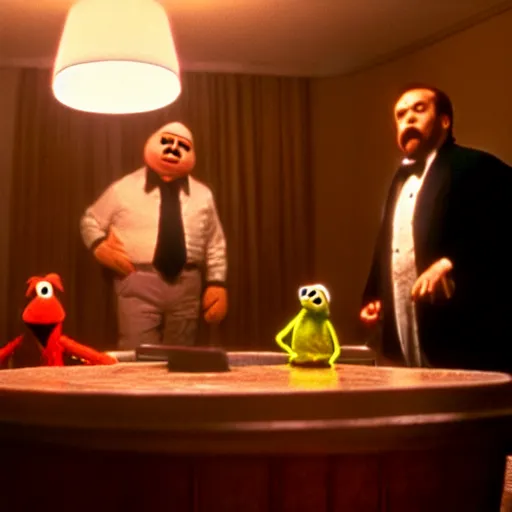 Image similar to shining but with muppets, movie still, cinematography, cinematic lighting